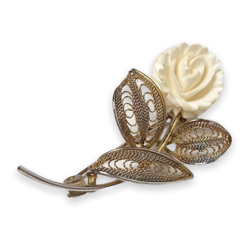 Vintage Mid-Century Bone Flower Gold Metal Filigree Delicate Brooch Pin Appro 2”
